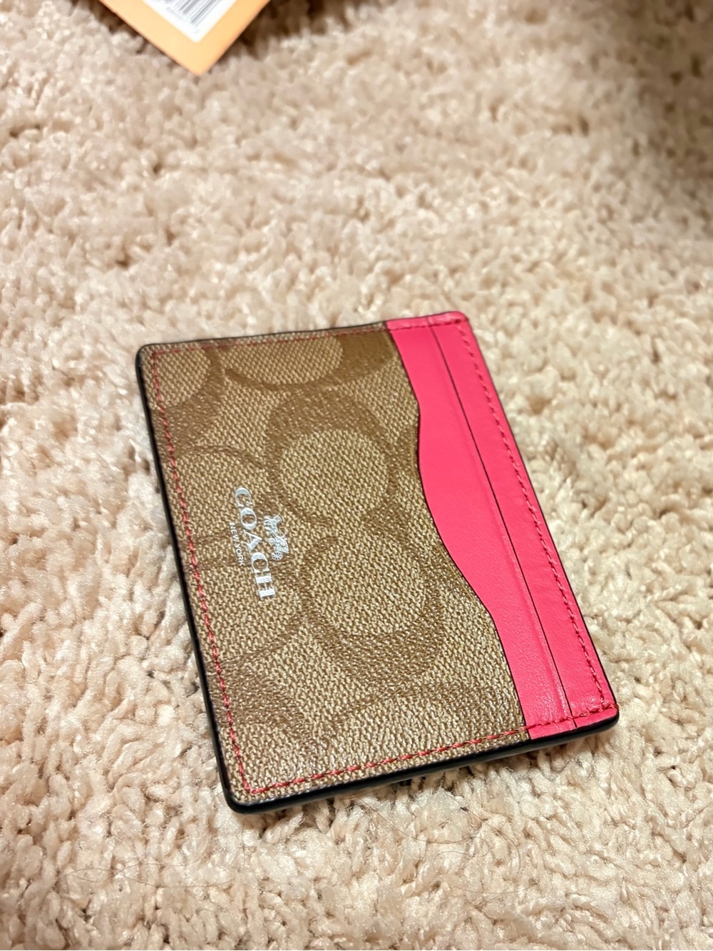Coach Brown Signature Canvas Card Holder with Pink Trim